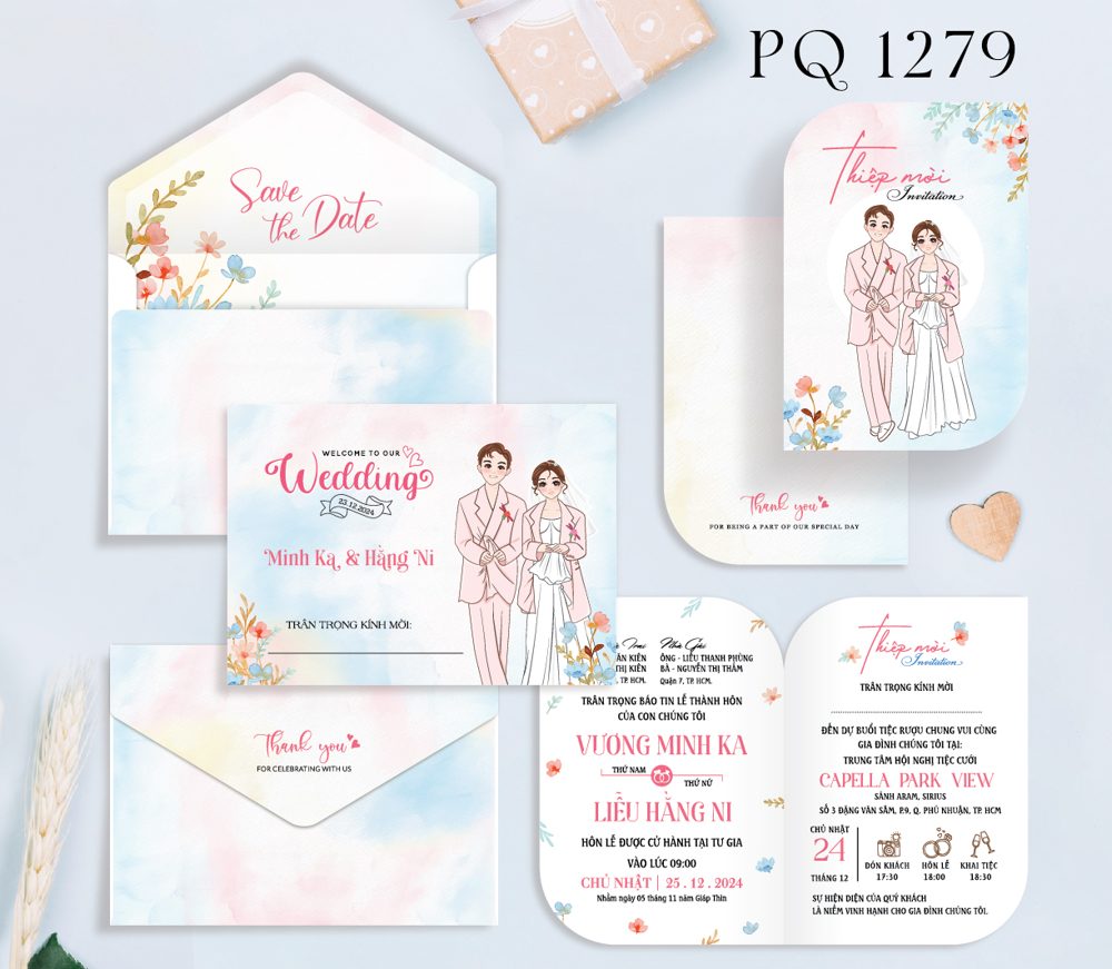 Thiệp chibi dâu rễ áo hồng tone pastel (PQ 1279)