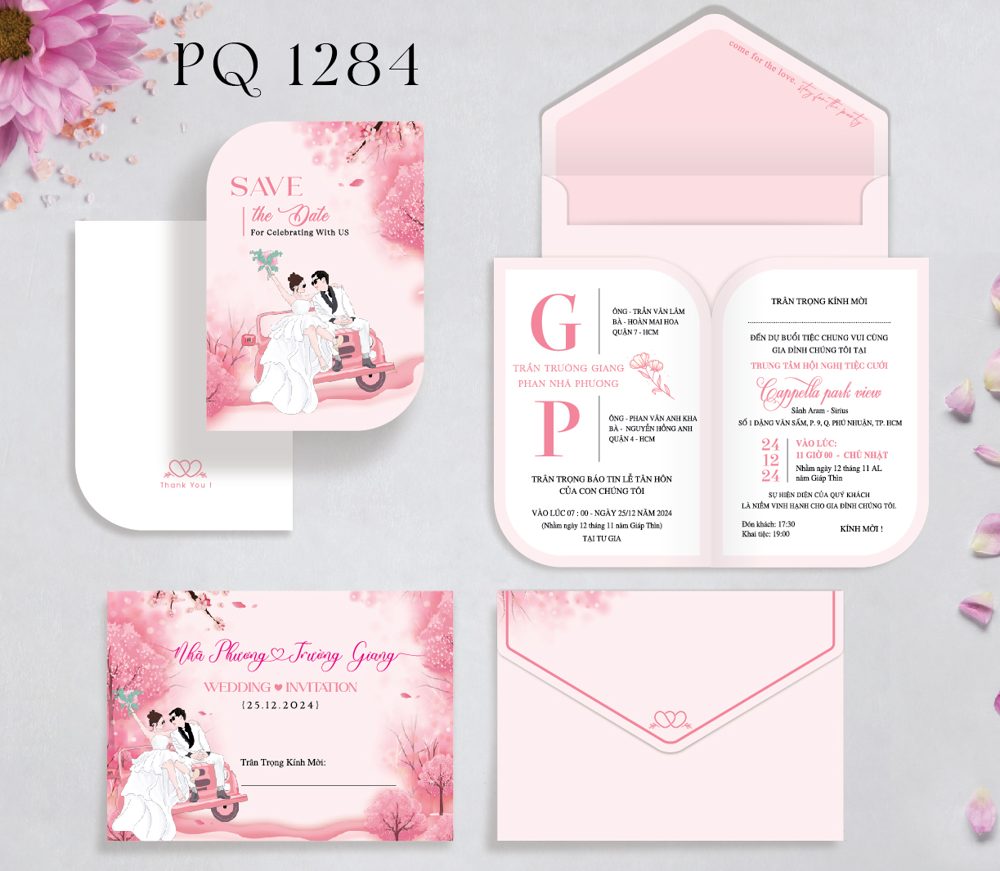Thiệp xe máy hoa đào tone hồng (PQ 1284)