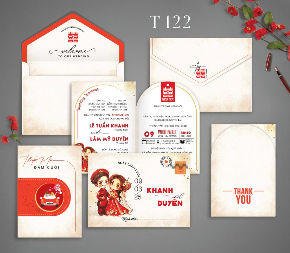 Thiệp chibi dâu rễ áo dài tone kem đỏ (T122)