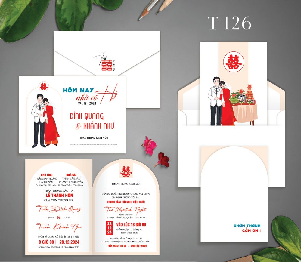 Thiệp chibi dâu rễ áo dài đỏ tone trắng (T126)