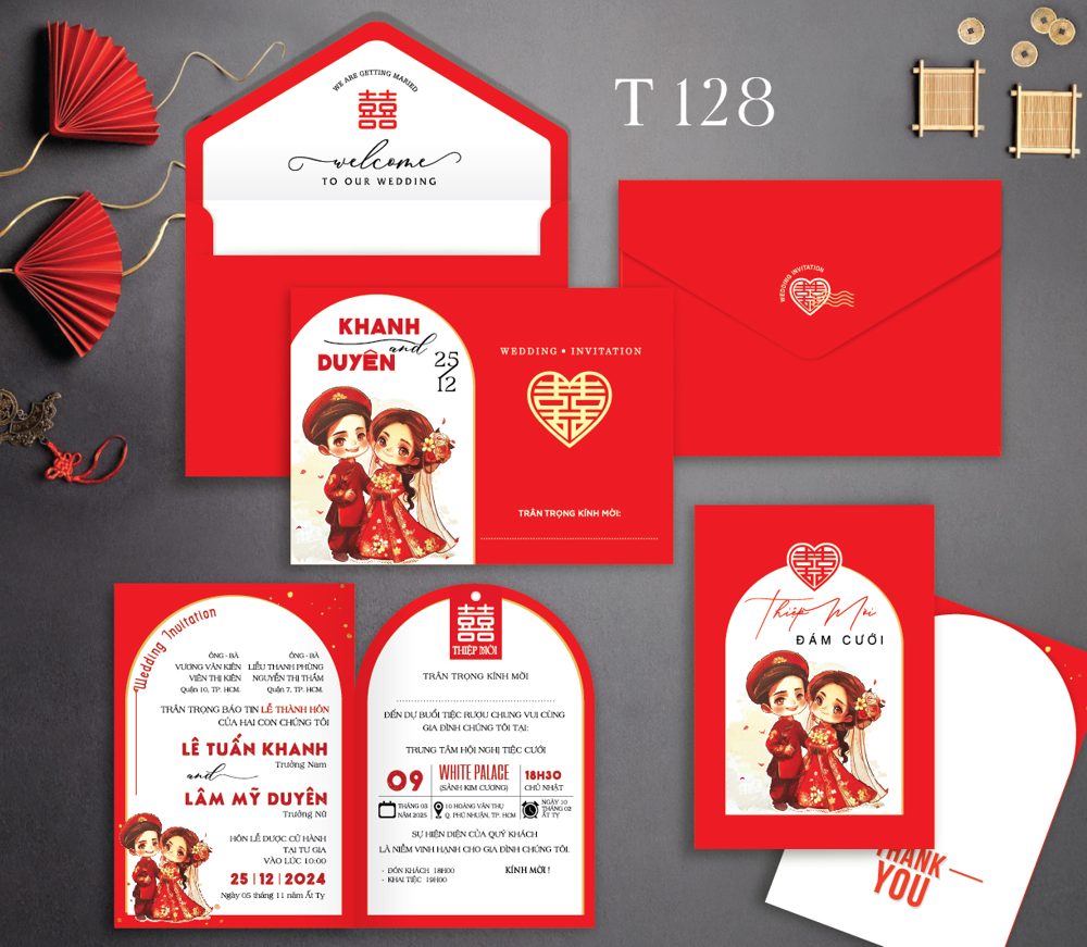 Thiệp chibi áo dài tone đỏ (T128)