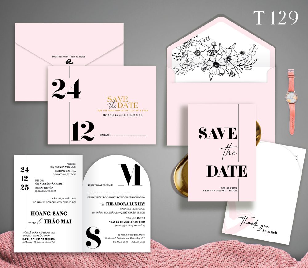 Thiệp save the date đen tone hồng (T129)