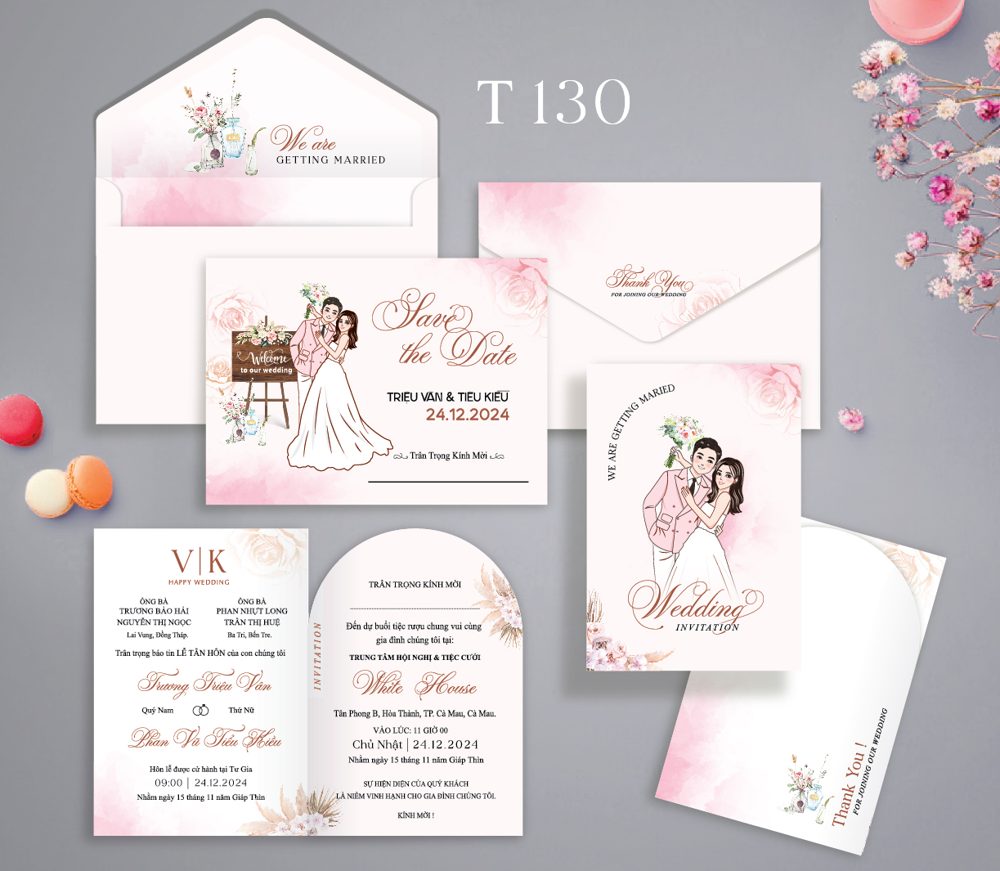 Thiệp chibi dâu rễ váy cưới tone hồng (T130)