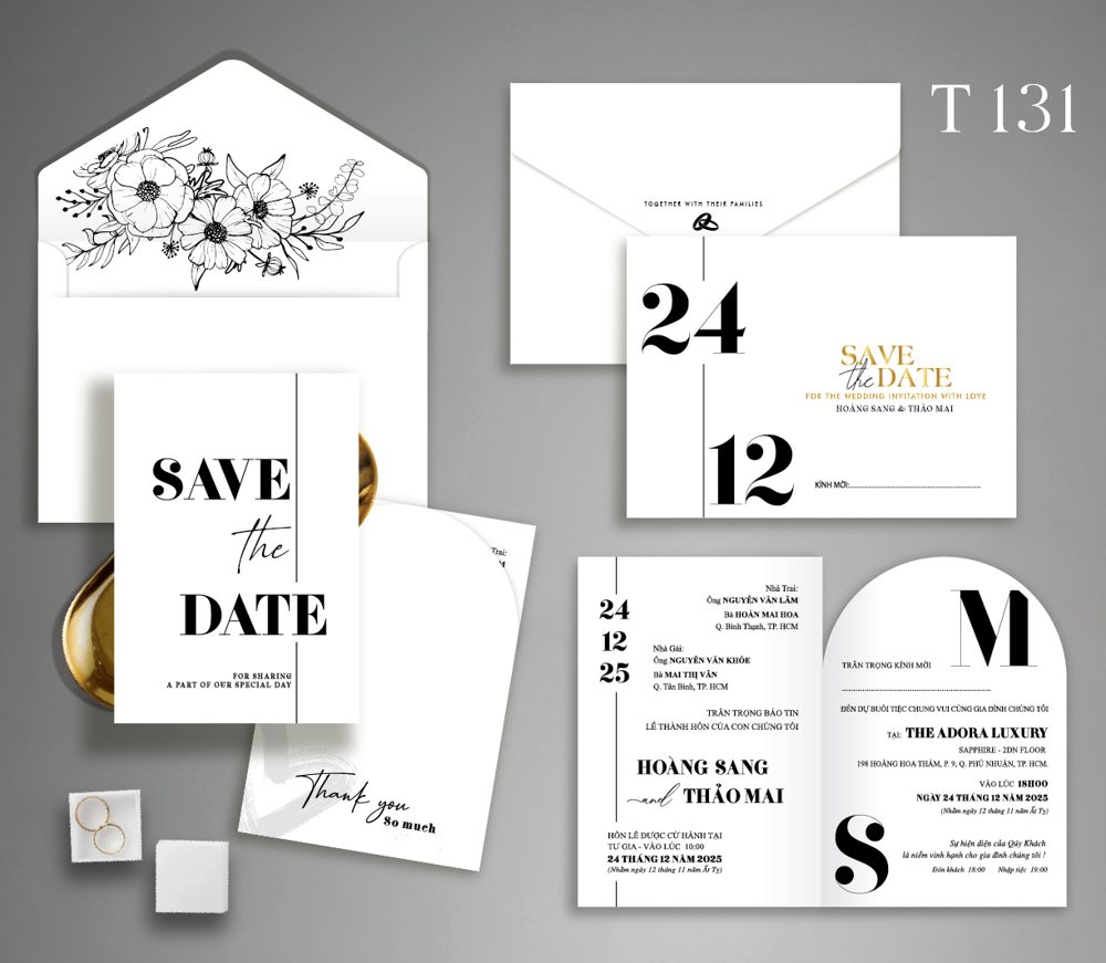 Thiệp save the date đen tone trắng (T131)