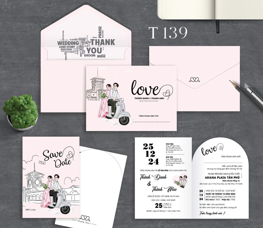 Thiệp Love xe máy tone hồng (T139)