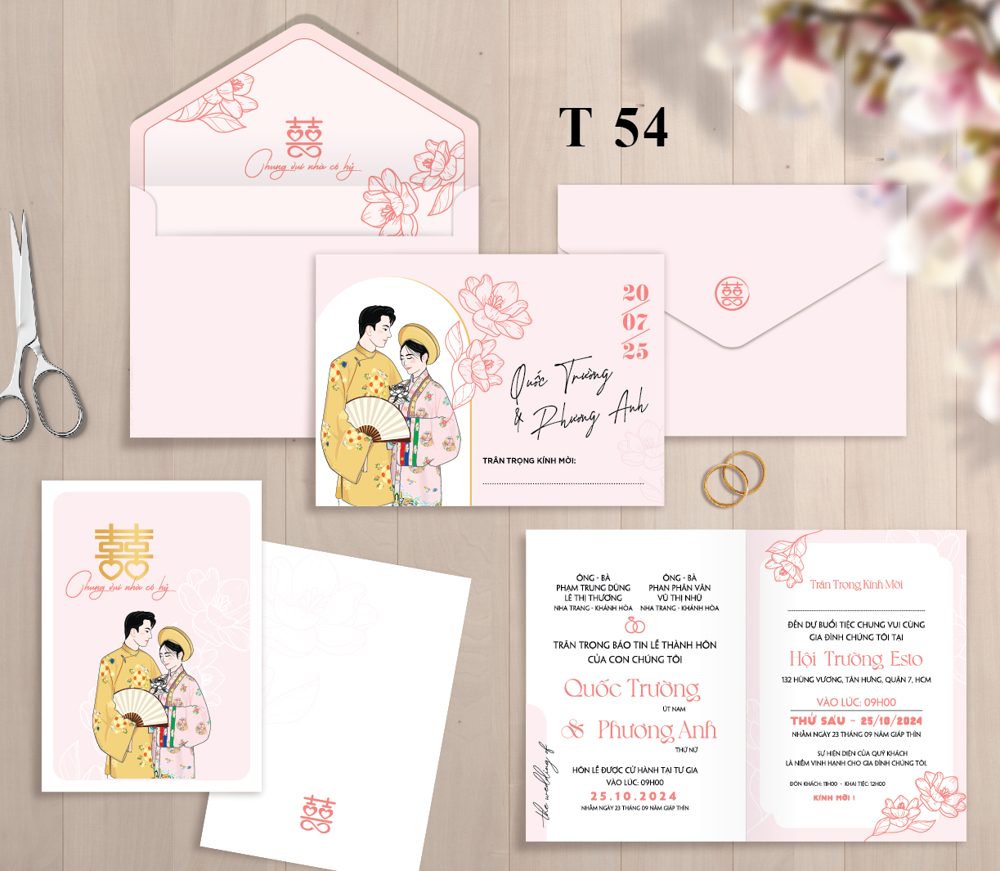 Thiệp chibi dâu rễ áo dài tone hồng (T54)