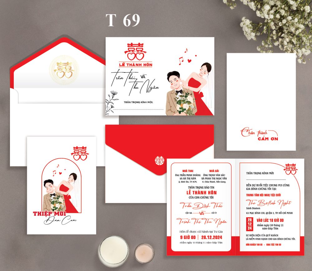 Thiệp song hỷ tone đỏ trắng (T69)