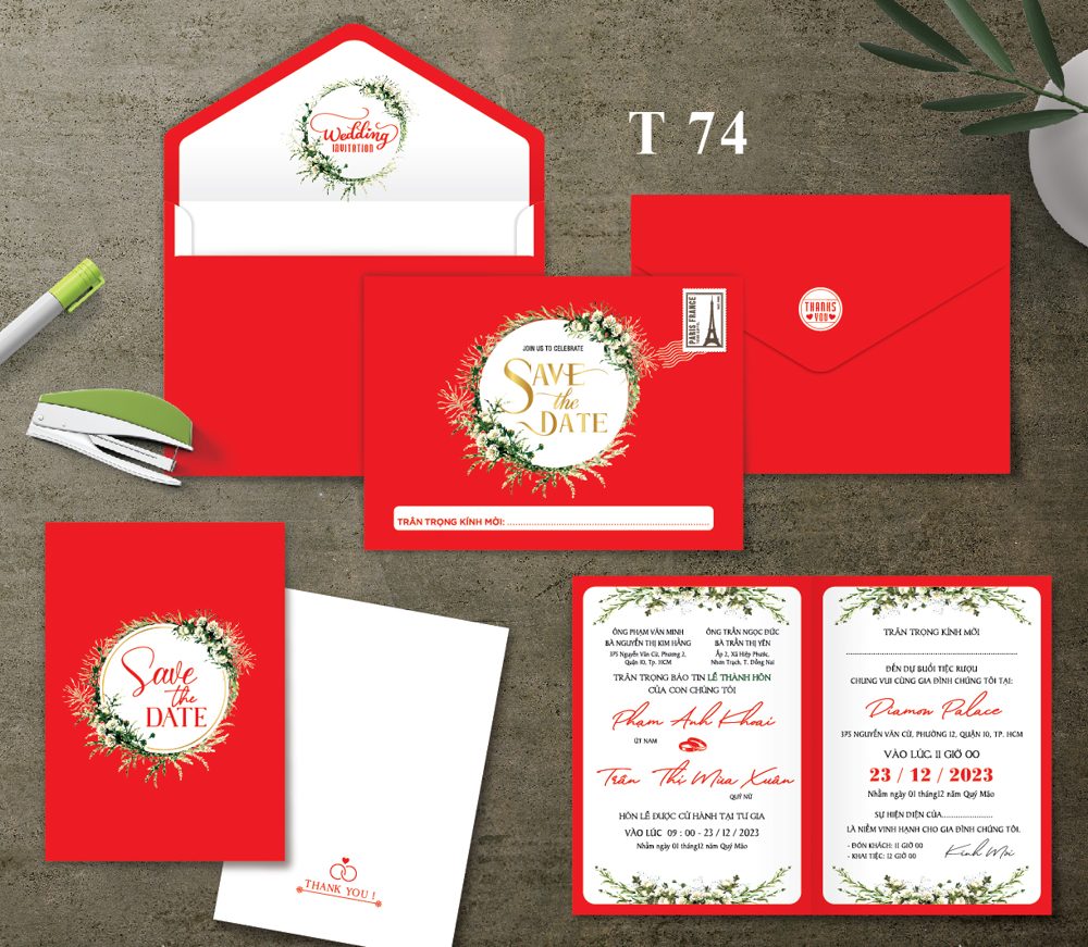 Thiệp vòng lá save the date tone đỏ (T74)